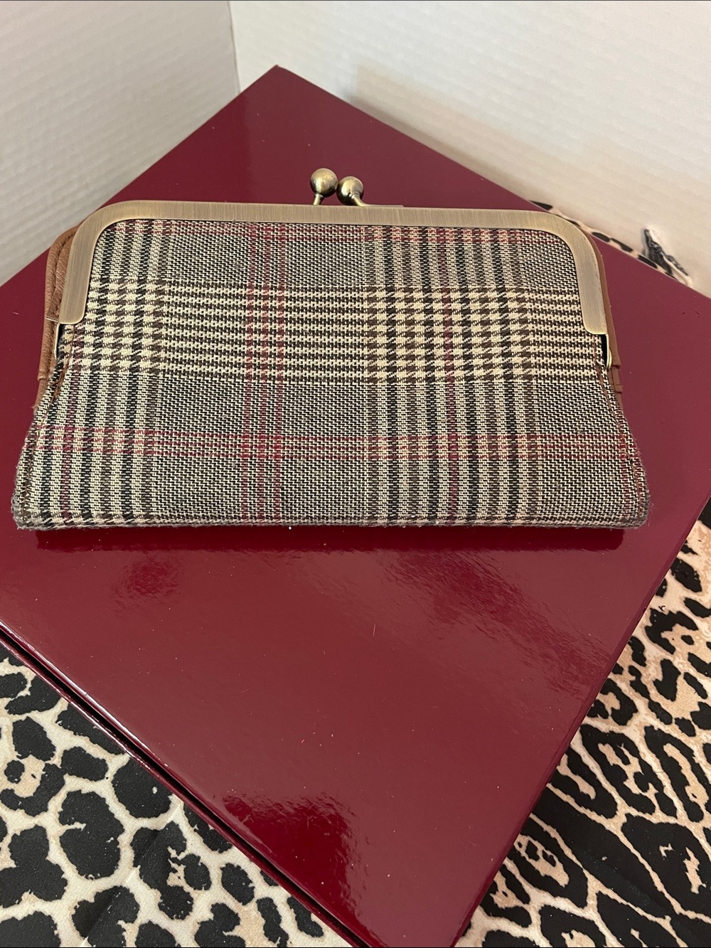 Plaid  Vintage Kiss-Lock Clutch in Gray and Brown